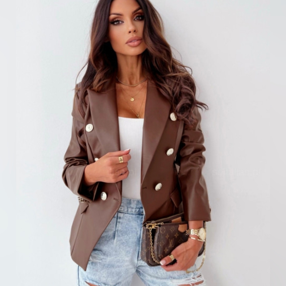 Brown Double-Breasted Women's Faux Leather Blazer